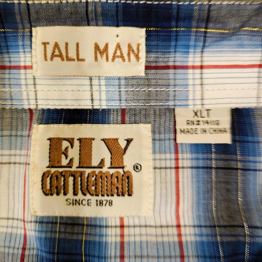 Ely Cattleman Mens XLT Plaid Pearl Snap Western Shirt Blue Short Sleeve Tall